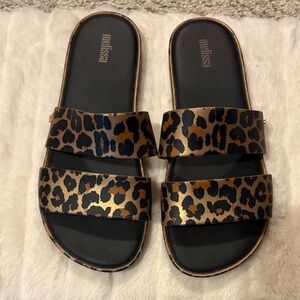 Melissa Leopard-Print Double Strap Slides - Black/Tan/Gold